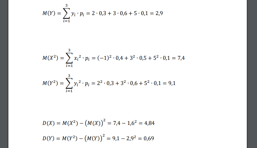 Две независимые случайные величины заданы законами распределения: 𝑋 -1 3 5 𝑌 2 3 5 p 0,4 0,5 0,1 p 0,3 0,6 0,1 Случайная величина