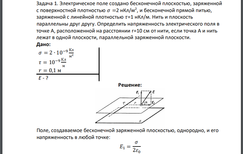 Электрическое поле создано бесконечной плоскостью, заряженной с поверхностной плотностью и бесконечной прямой питью, заряженной с