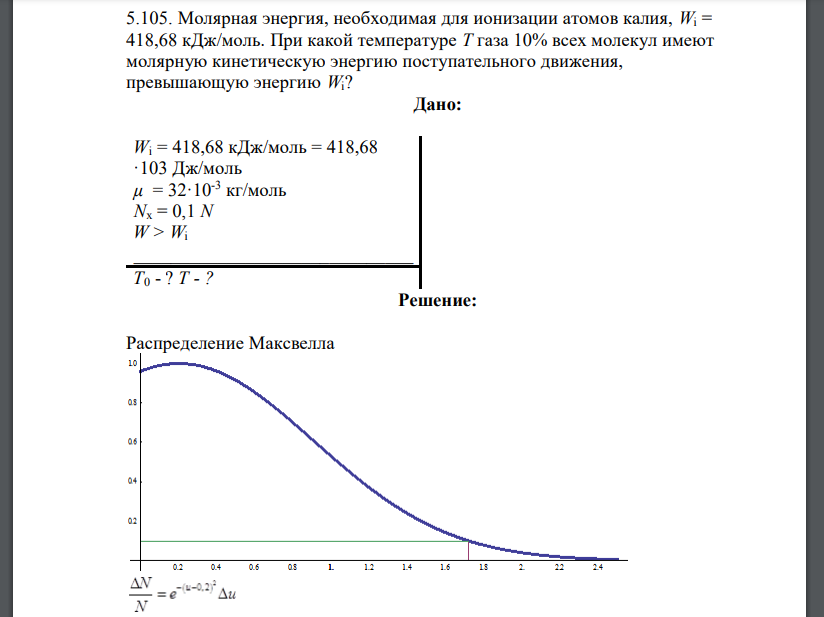 Молярная энергия, необходимая для ионизации атомов калия, Wi = 418,68 кДж/моль. При какой температуре T газа 10% всех молекул имеют