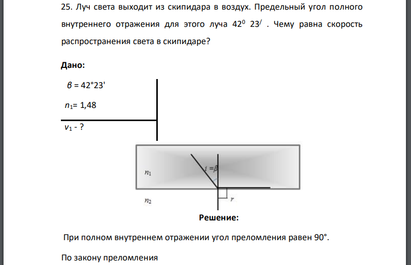 Луч света выходит из скипидара в воздух. Предельный угол полного внутреннего отражения для этого луча Чему равна скорость распространения