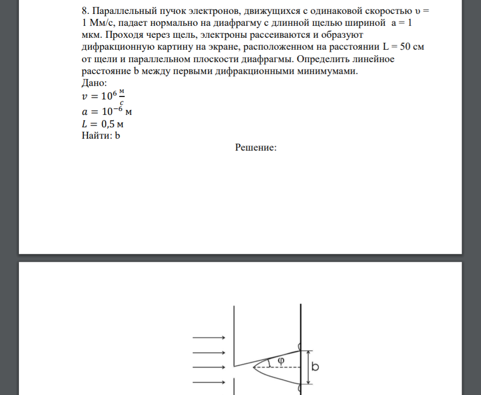 Параллельный пучок электронов, движущихся с одинаковой скоростью υ = 1 Мм/с, падает нормально на диафрагму с длинной щелью шириной a = 1 мкм. Проходя через щель