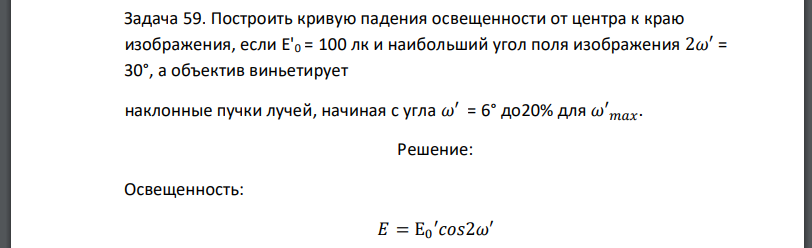 Построить кривую падения освещенности от центра к краю изображения, если и наибольший угол поля изображения а объектив виньетирует наклонные