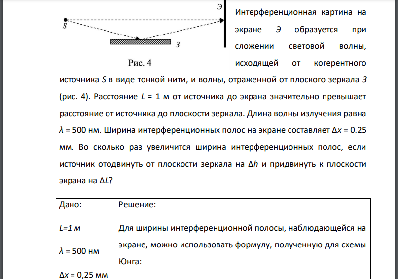 Интерференционная картина на экране образуется при сложении световой волны, исходящей от когерентного источника S в виде тонкой нити, и волны,