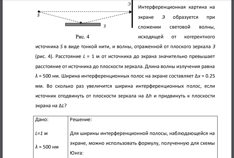 Интерференционная картина на экране образуется при сложении световой волны, исходящей от когерентного источника S в виде тонкой нити, и волны, отраженной
