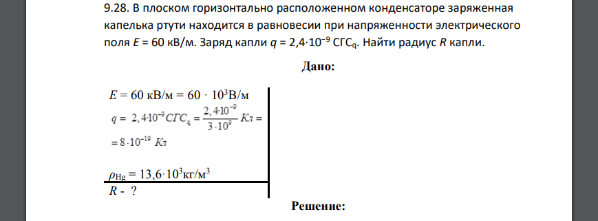 В плоском горизонтально расположенном конденсаторе заряженная капелька ртути находится в равновесии при напряженности
