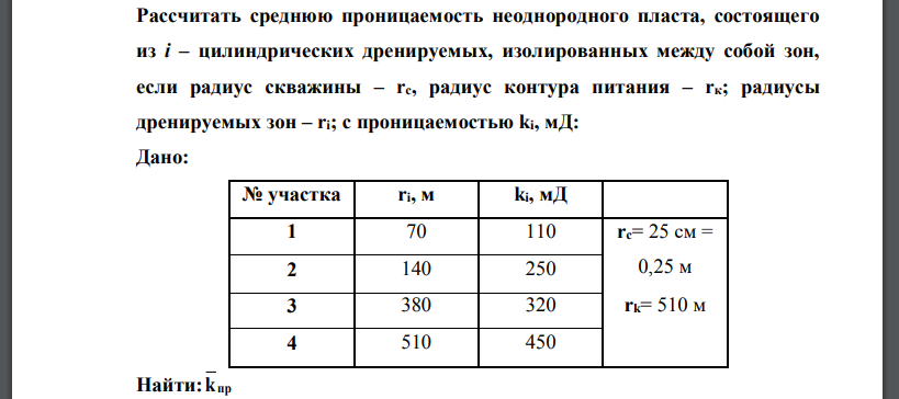 Рассчитать среднюю проницаемость неоднородного пласта, состоящего из i – цилиндрических дренируемых, изолированных между собой зон, если