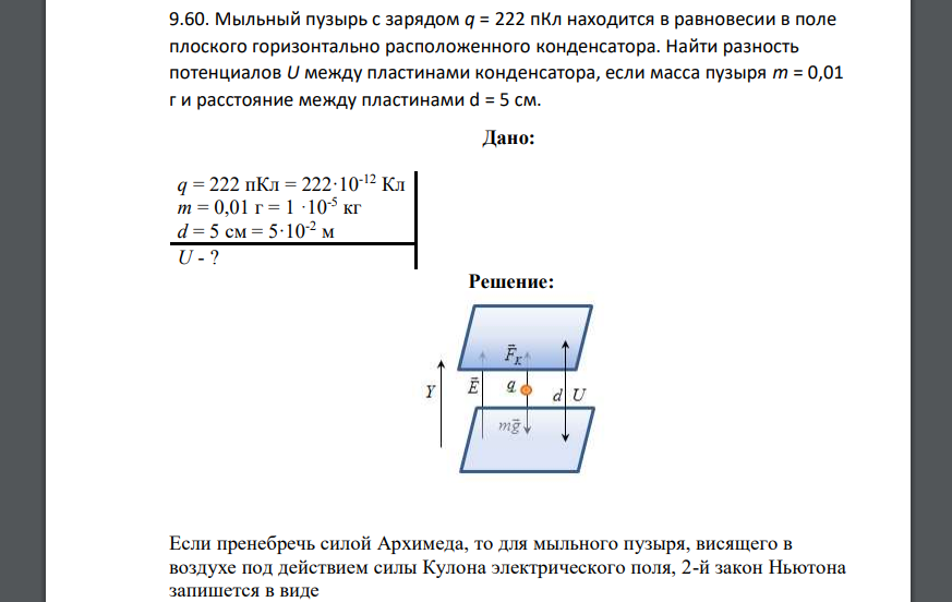Найдите разность потенциалов между пластинами. Мыльный пузырь с зарядом 222 ПКЛ находится в равновесии в поле плоского. Разность потенциалов между пластинами конденсатора. Потенциал пластины конденсатора. Горизонтально расположенный конденсатор.