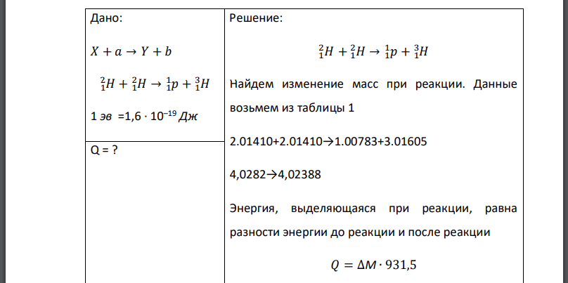 Найти энергию, выделяемую или поглощаемую в ядерной реакции. Энергию выразить в Мэв В таблице 1 приведены массы нуклидов в а. е. м. Дано: