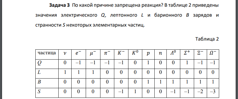 По какой причине запрещена реакция? В таблице 2 приведены значения электрического лептонного и барионного B зарядов и странности некоторых