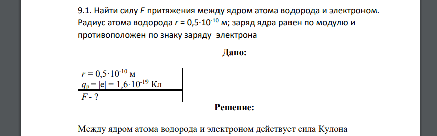 Найти силу F притяжения между ядром атома водорода и электроном. Радиус атома водорода r = 0,5·10-10 м; заряд ядра равен по модулю
