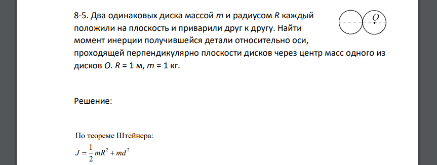 Два одинаковых диска массой m и радиусом R каждый положили на плоскость и приварили друг к другу. Найти момент инерции