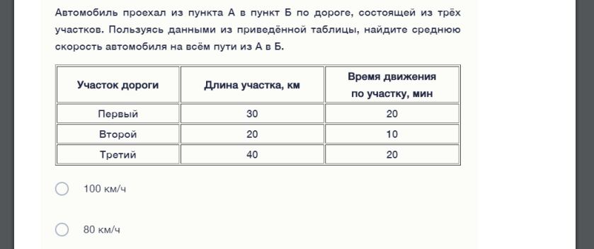 Автомобиль проехал из пункта А в пункт Б по дороге, состоящей из трёх участков. Пользуясь данными из приведённой