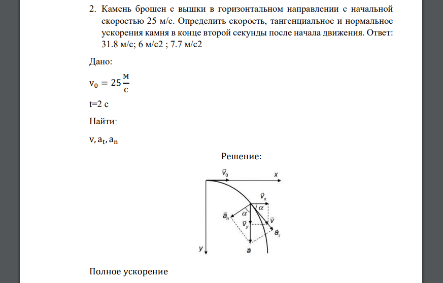Камень брошен с вышки в горизонтальном направлении с начальной скоростью 25 м/с. Определить скорость, тангенциальное