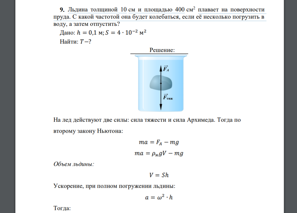 Льдина толщиной 10 см и площадью 400 см2 плавает на поверхности пруда. С какой частотой она будет колебаться, если её несколько погрузить в воду, а затем отпустить