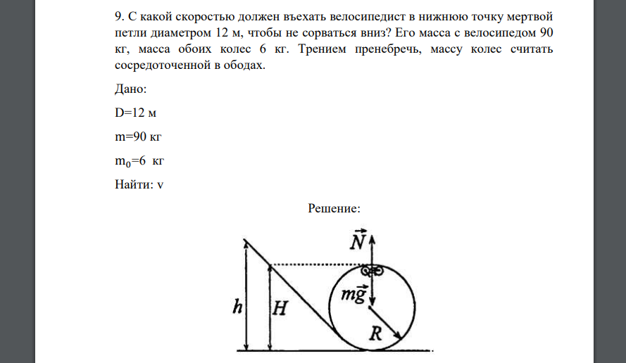 С какой скоростью должен въехать велосипедист в нижнюю точку мертвой петли диаметром 12 м, чтобы не сорваться вниз