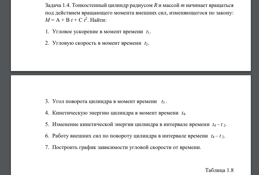 Тонкостенный цилиндр радиусом R и массой m начинает вращаться под действием вращающего момента внешних сил, изменяющегося