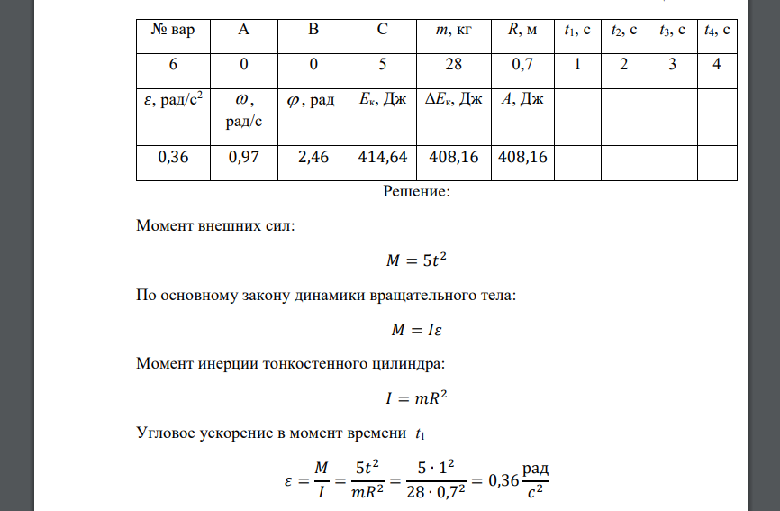 Тонкостенный цилиндр радиусом R и массой m начинает вращаться под действием вращающего момента внешних сил, изменяющегося