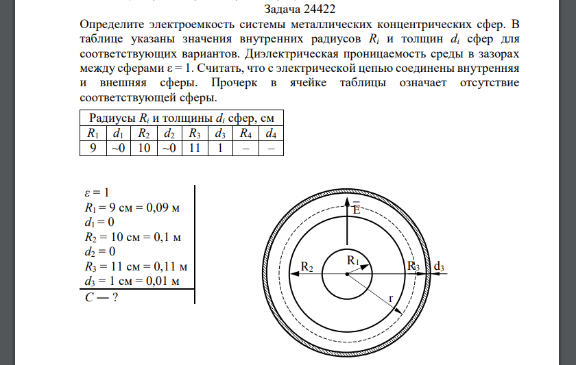 Определите электроемкость системы металлических концентрических сфер. В таблице указаны значения внутренних