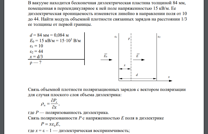 В вакууме находится бесконечная диэлектрическая пластина толщиной 84 мм, помещенная в перпендикулярное к ней поле