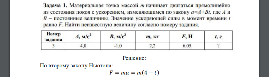 Материальная точка массой т начинает двигаться прямолинейно из состояния покоя с ускорением, изменяющимся по закону a=A+Bt, где А и В - постоянные величины