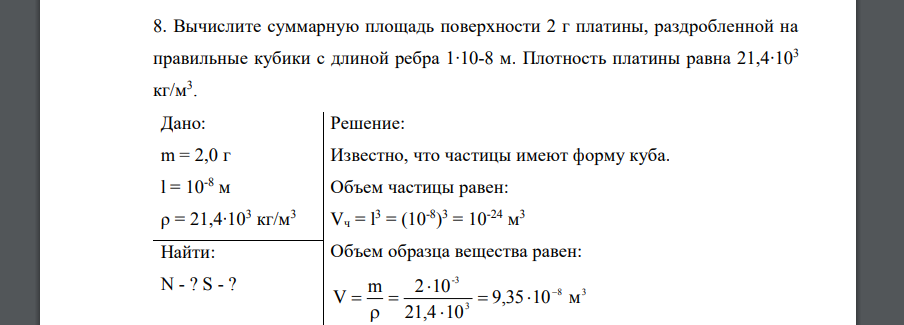 Вычислите суммарную площадь поверхности 2 г платины, раздробленной на правильные кубики с длиной ребра