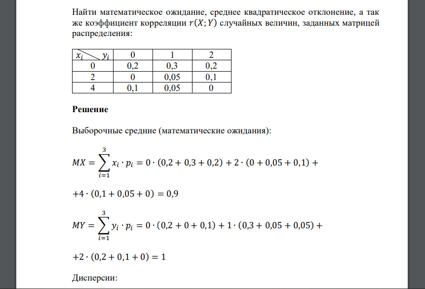 Найти математическое ожидание, среднее квадратическое отклонение, а так же коэффициент корреляции 𝑟(𝑋; 𝑌) случайных величин, заданных матрицей
