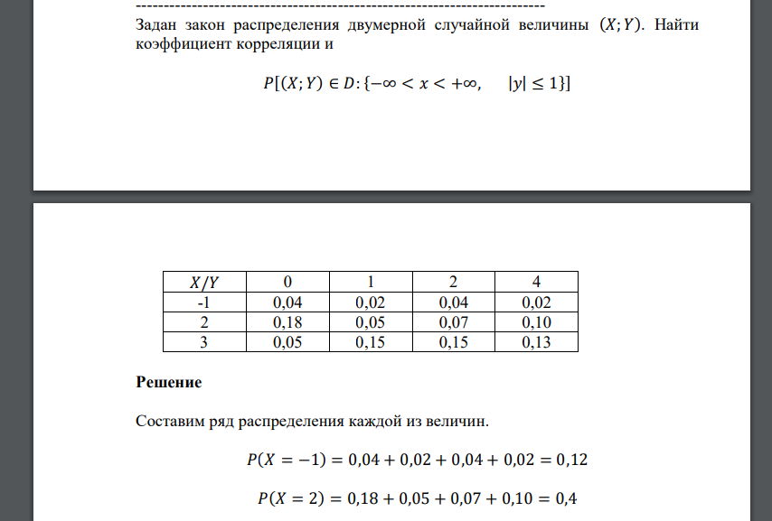 Задан закон распределения двумерной случайной величины (𝑋; 𝑌). Найти коэффициент корреляции