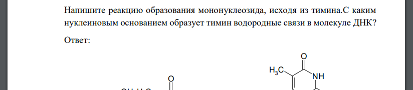 Напишите реакцию образования мононуклеозида, исходя из тимина. С каким нуклеиновым основанием образует тимин водородные связи в молекуле ДНК?