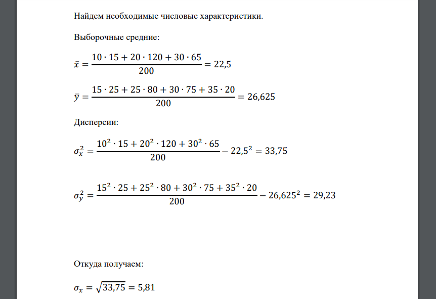 Оценить тесноту корреляционной связи между 𝑋 и 𝑌, вычислив коэффициент корреляции 𝑟𝑥𝑦. Составить уравнение линейной