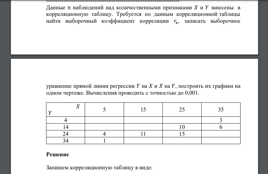 Данные 𝑛 наблюдений над количественными признаками 𝑋 и 𝑌 занесены в корреляционную таблицу. Требуется по данным