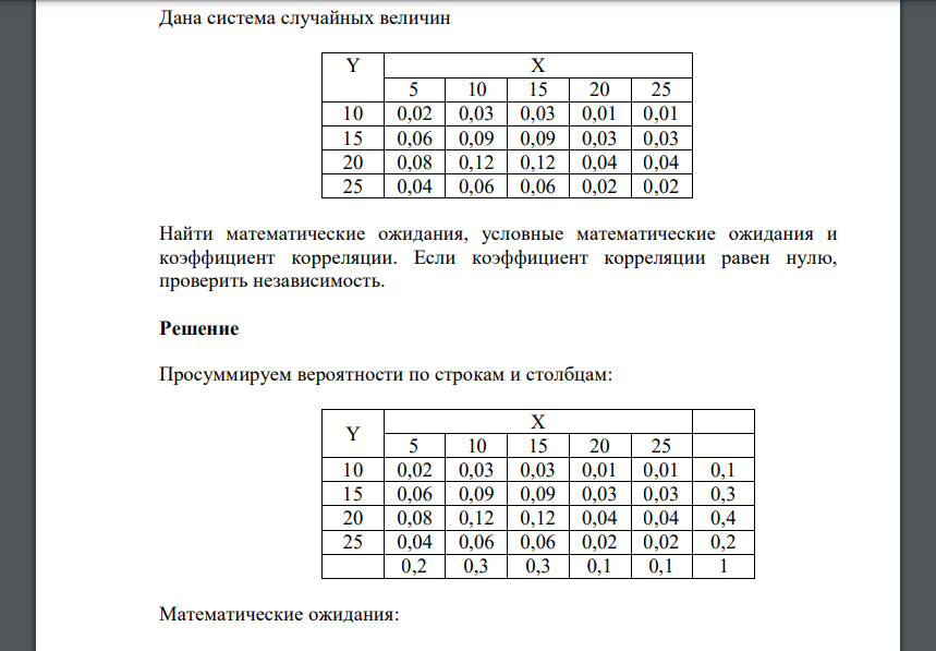 Дана система случайных величин Y X 5 10 15 20 25