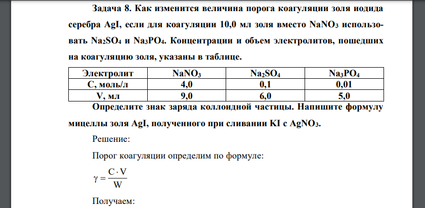 Как изменится величина порога коагуляции золя иодида серебра AgI, если для коагуляции 10,0 мл золя