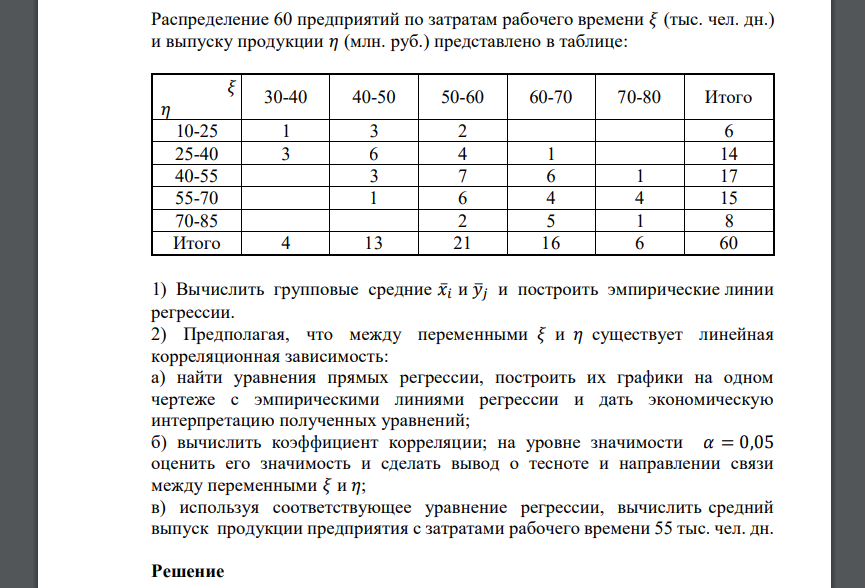 Распределение 60 предприятий по затратам рабочего времени 𝜉 (тыс. чел. дн.) и выпуску продукции 𝜂 (млн. руб.) представлено в таблице