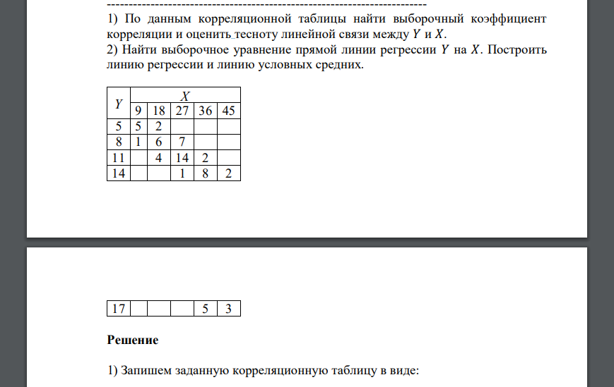 1) По данным корреляционной таблицы найти выборочный коэффициент корреляции и оценить тесноту линейной связи