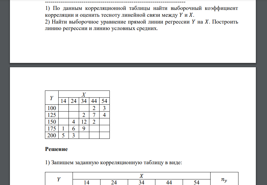 1) По данным корреляционной таблицы найти выборочный коэффициент корреляции и оценить тесноту линейной связи между 𝑌 и 𝑋. 2) Найти