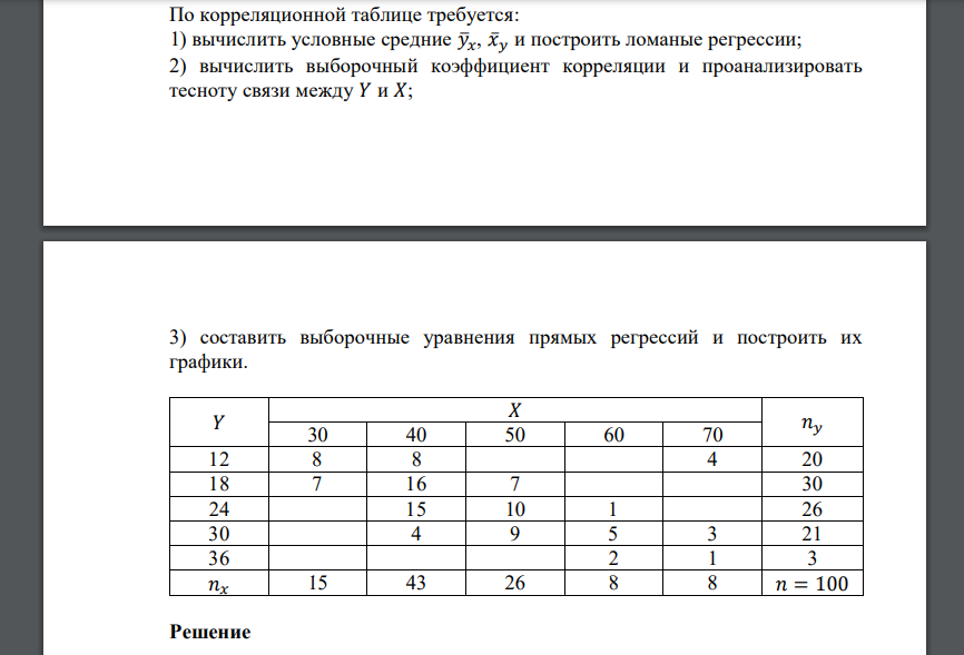 По корреляционной таблице требуется: 1) вычислить условные средние 𝑦̅𝑥, 𝑥̅𝑦 и построить