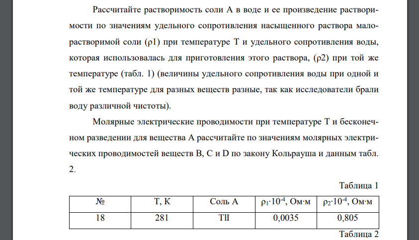 Рассчитайте растворимость соли А в воде и ее произведение растворимости по значениям удельного сопротивления