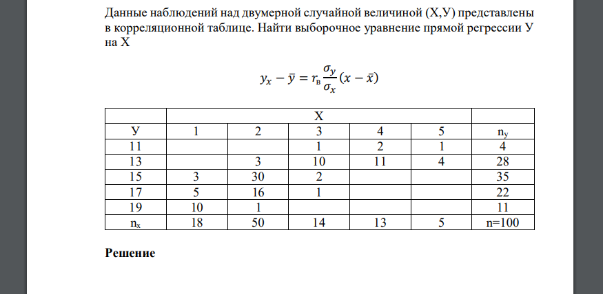 Данные наблюдений над двумерной случайной величиной (Х,У) представлены в корреляционной таблице. Найти выборочное уравнение прямой