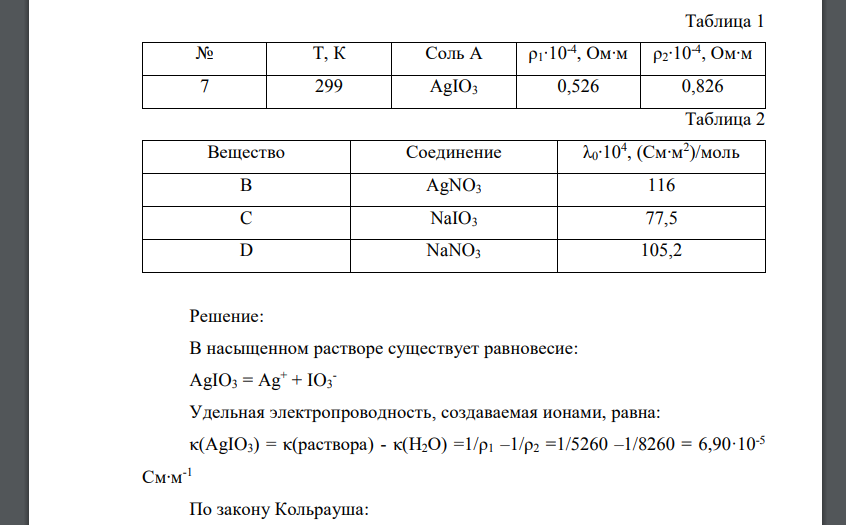 Рассчитайте растворимость соли А в воде и ее произведение растворимости по значениям удельного сопротивления насыщенного раствора