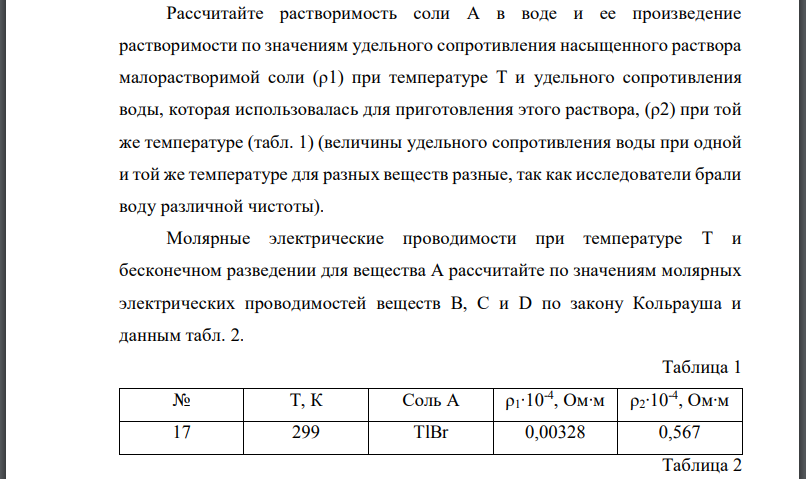 Рассчитайте растворимость соли в воде и ее произведение растворимости по значениям удельного сопротивления насыщенного