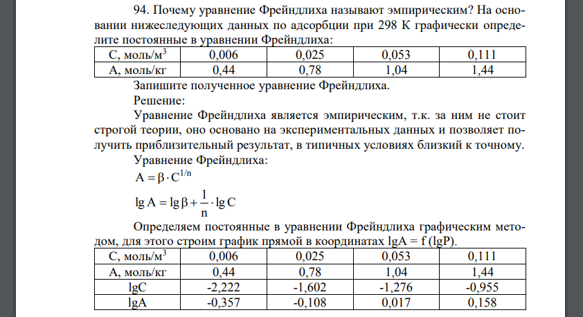 Почему уравнение Фрейндлиха называют эмпирическим? На основании нижеследующих данных по адсорбции при 298 К