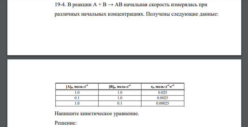 В реакции A + B → AB начальная скорость измерялась при различных начальных концентрациях. Получены следующие данные: Напишите кинетическое