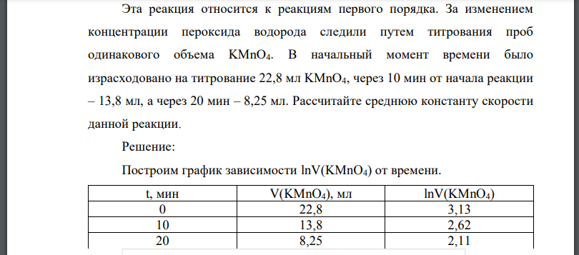 Разложение пероксида водорода в водном растворе протекает по реакции Эта реакция относится к реакциям первого порядка.