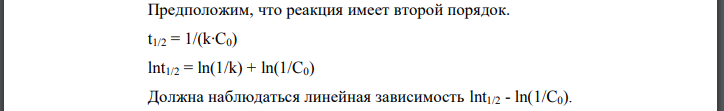 При изучении реакции были измерены времена полупревращения для различных начальных концентраций реагентов при температуре