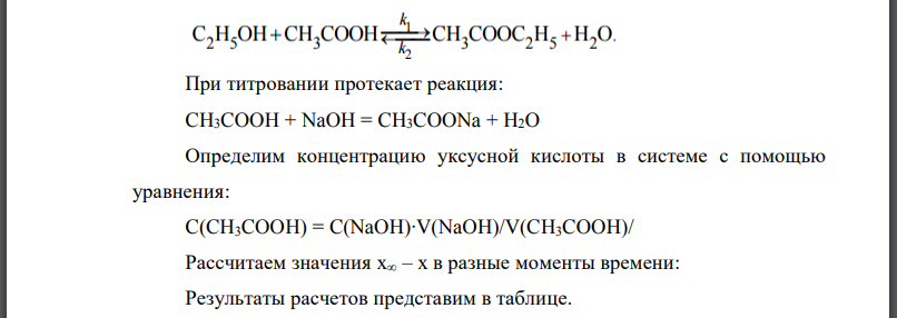 Реакция взаимодействия уксусной кислоты с этиловым спиртом проводилась в среде 40%-го этилового спирта. Образованию этилацетата соответствует