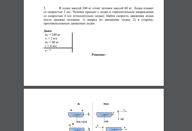 В лодке массой 240 кг стоит человек массой 60 кг. Лодка плывет со скоростью 2 м/с. Человек прыгает с лодки в горизонтальном направлении со скоростью 4