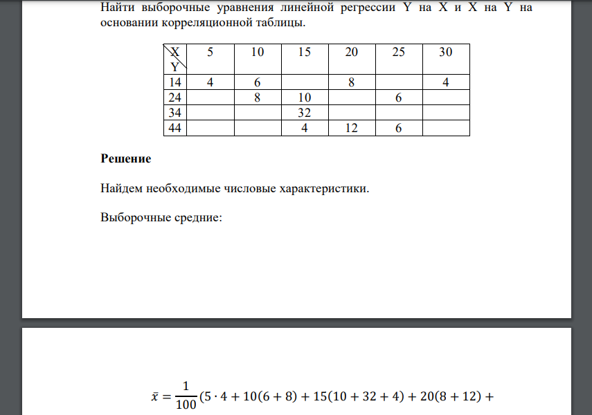 Найти выборочные уравнения линейной регрессии Y на X и X на Y на основании корреляционной таблицы. X Y 5 10