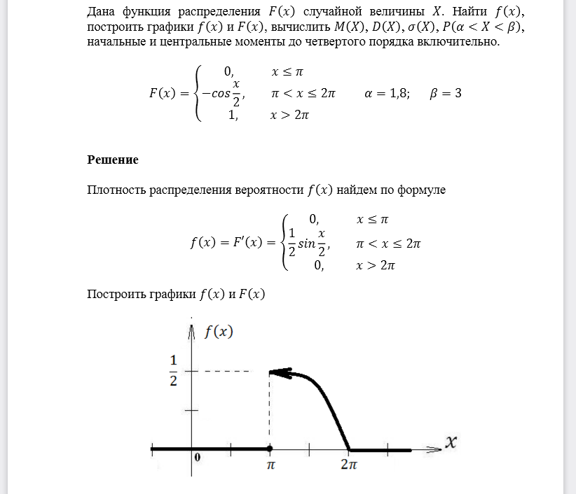 Дана функция распределения 𝐹(𝑥) случайной величины 𝑋. Найти 𝑓(𝑥), построить графики 𝑓(𝑥) и 𝐹(𝑥), вычислить 𝑀(𝑋), 𝐷(𝑋), 𝜎(𝑋), 𝑃(𝛼<𝑋<𝛽), начальные и центральные
