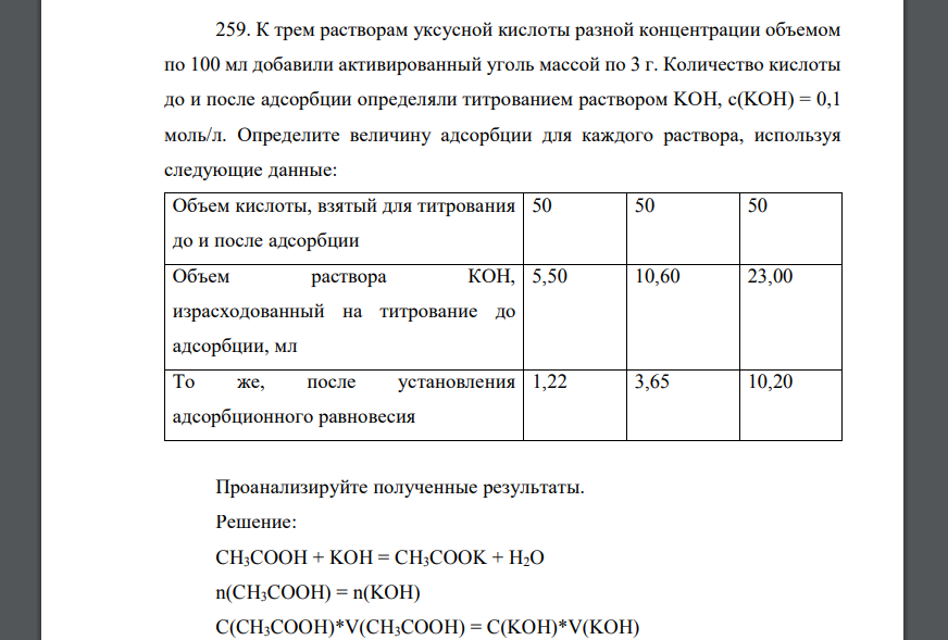 К трем растворам уксусной кислоты разной концентрации объемом по 100 мл добавили активированный уголь массой