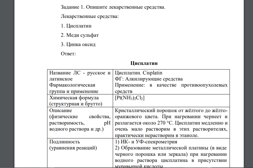 Опишите лекарственные средства. Лекарственные средства: 1. Цисплатин 2. Меди сульфат 3. Цинка оксид